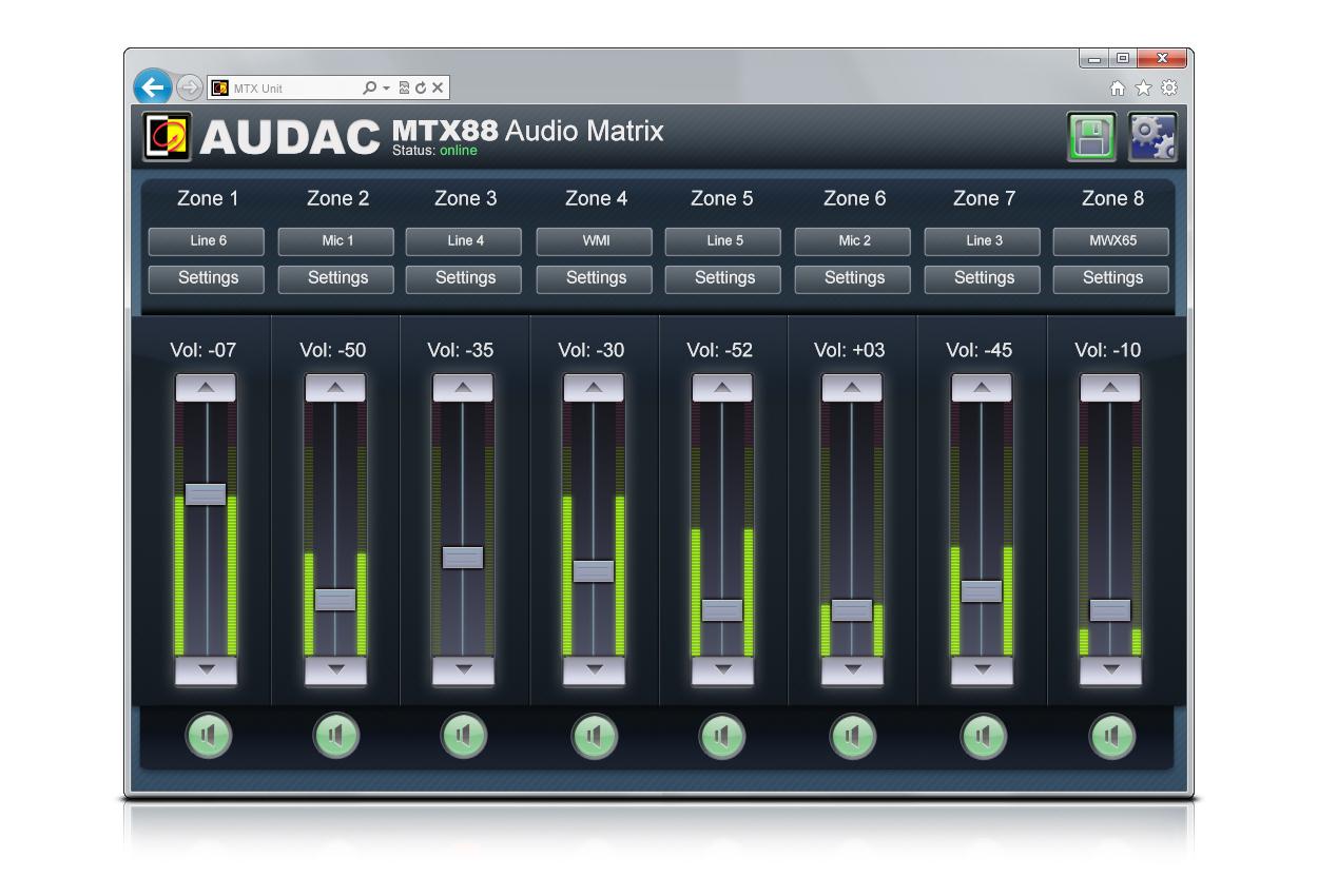 Audac MTX88 8 x 8 audio matrix mixer - web control