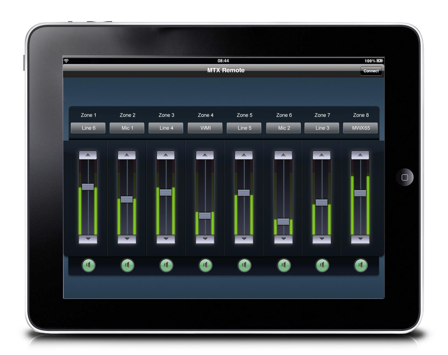 Audac MTX88 8 x 8 audio matrix mixer - iPad App view
