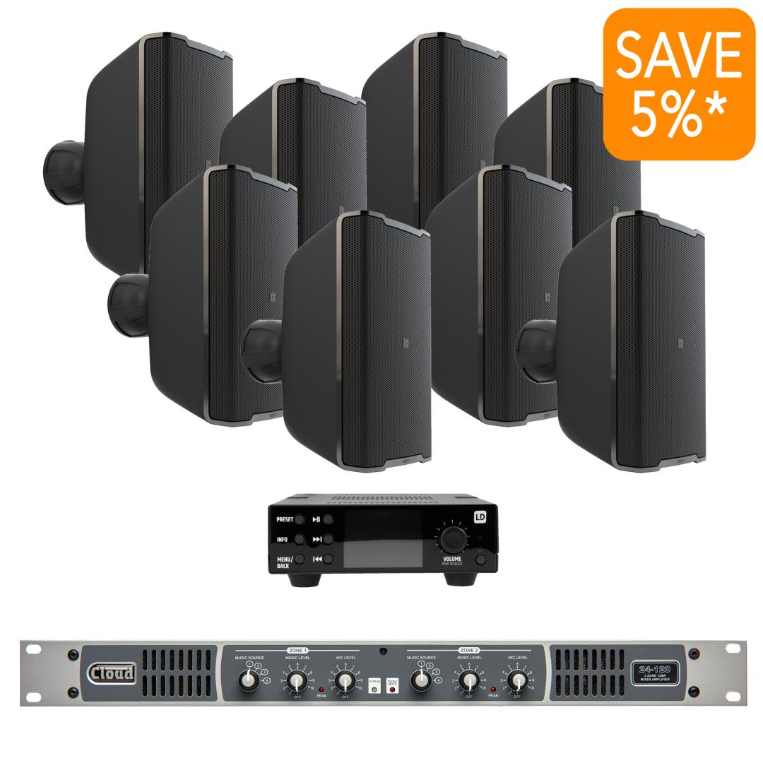 Cas Streamer Commercial Audio - Pack8W2ZoneMusic-B, 2 Zone BGM System c/w 8 Black ...